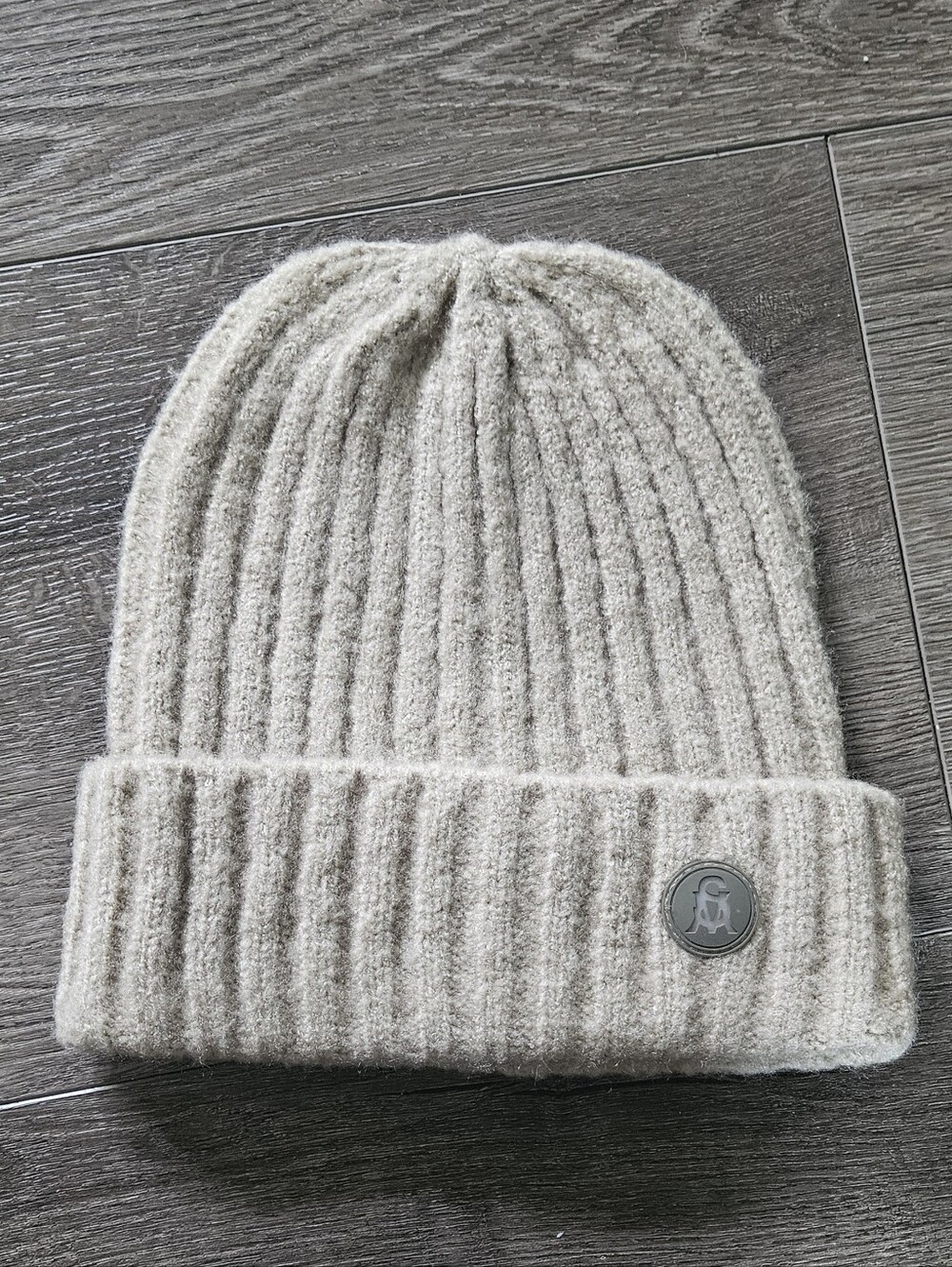 Steve Madden Ribbed Fold-Over Beanie in Taupe with Logo Medallion